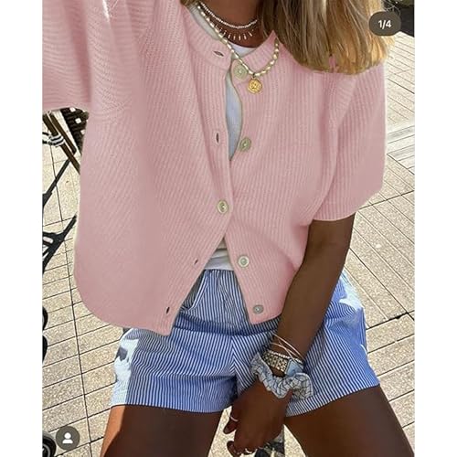 Image of Women Y2k Knitted Crop Cardigan Shirt Short Sleeve Button Down Ribbed Knit Crop Top Outwear Top Tee Shirt