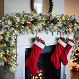 Fohil 9FT Christmas Garland with 60 LED Lights, 8 Modes Artificial Christmas Garland Decoration with Red Berries, Battery Operated Xmas Garland Indoor for Door Mantel Stairs Fireplace