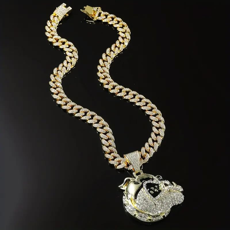 Bulldog Bull Dog Gold, Silver Plated Large Bling Pendant & 13mm 18" 20" 24" 30" Iced Cubic Zirconia Cuban Chain Hip Hop Jewelry Necklace Gift For Men, Women