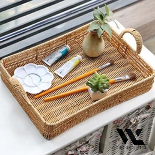 Cesta Bandeja Travessa Organizadora Multiuso Decoração Cozinha Banheiro Rattan (Marrom Claro)