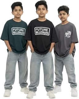 100% Pure Cotton Oversized Loose Fit Round Neck Printed Half Sleeve Baggy T-Shirt Combo for Boys (Pack of 3) Price In India
