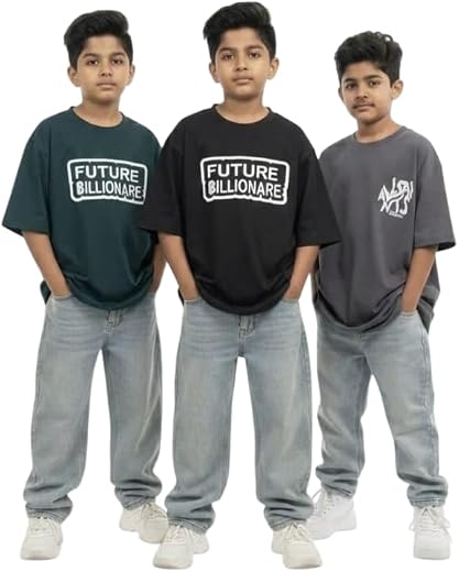 100% Pure Cotton Oversized Loose Fit Round Neck Printed Half Sleeve Baggy T-Shirt Combo for Boys (Pack of 3)
