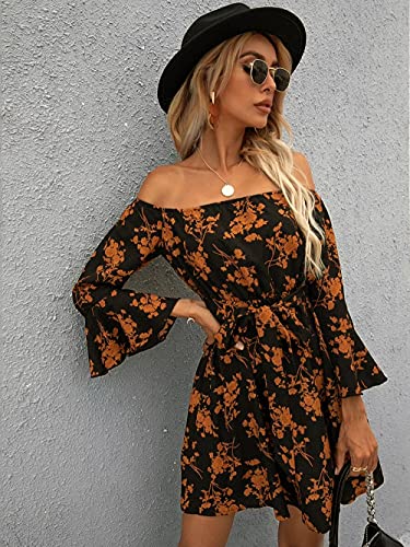 Womens Off Shoulder Ruffle Floral Summer Wedding Guest Dresses A Line Shift Short Skater Dress with Belt4