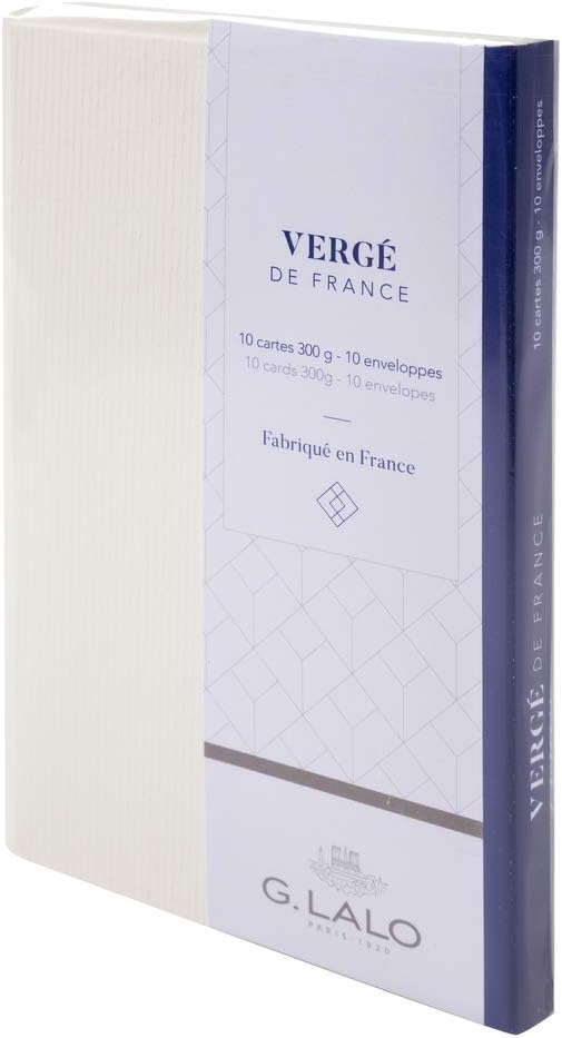 Lalo 25600L - Verge De France Correspondence Set including 10 business cards 8.5x13.5 cm 300g and 10 lined envelopes 9x14 cm, laid paper from France, White
