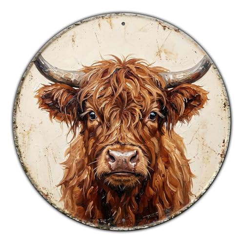 GJXFTPTTBD Round Highland Cow Metal Sign Rustic Oil Painting Retro Sign for Farmhouse Kitchen Wall Art Decor 8 * 8In