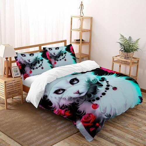 Housse de couette chat blanc impression 3D relief parure de lit double chic - 2