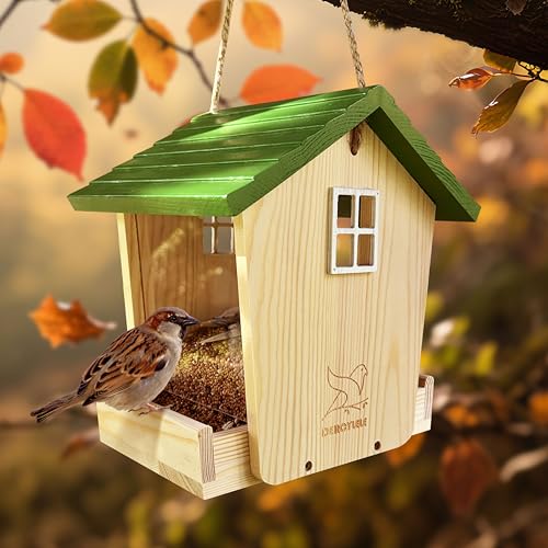 Bird Feeder Handcrafted Wood,Squirrel Proof Wild Bird Feeders for Outdoors Hanging Solid Wood Pine,Backyard Birding & Wildlife (Bird Feeder-A)