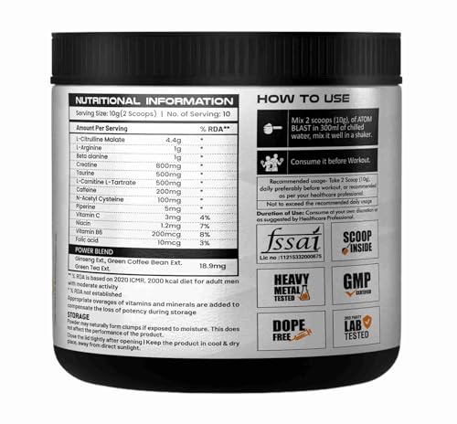 Image of Asitis Nutrition Atom Blast Advanced Pre-Workout Powder - 100Gms, Orange, Caffeine & L- Arginine Infused, Optimizes Energy, Increase Strength & Pumps