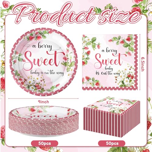 Image of Qinyoung 100 Pcs Strawberry Baby Shower Decorations Strawberry Plates and Napkins a Berry Baby Is on the Way Party Supplies for Berry Babyshower Decorations Picnic Tea Party, Serves 50