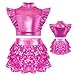 QinCiao Kids Girls Jazz Sleeveless Mock Neck Top with Rhinestones Metallic Ruffles Sequin Tiered Culottes Patchwork Mesh Hot Pink 12 Years
