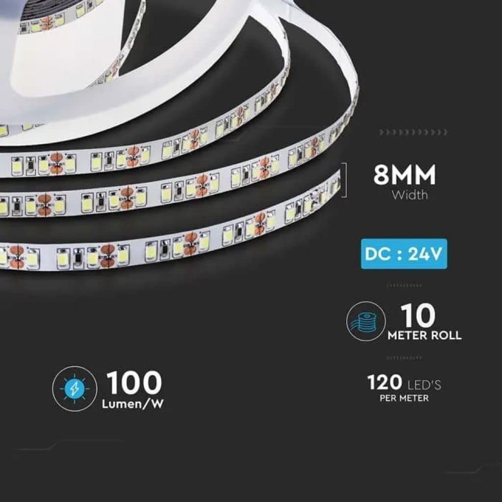 V-TAC Tira LED bobina de 10 metros 7,5 W por metro cinta luminosa SMD 2835 Color de la luz blanca cálida 3000 K para interior con tira adhesiva, alimentada a 24 V.