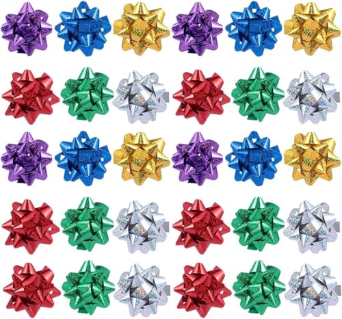 Fansoftiks 50 Pcs Colorful 1 Inch Gift Bows Mini Christmas Bows Metallic Star Bows Party Gifts Wrapping Bows Adhesive Holiday Presents Bows for Valentines Day Gift Wrapping Supplies