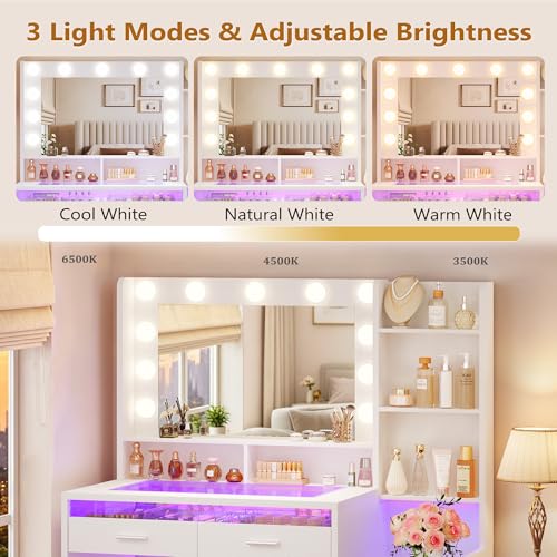 Image of HUAHUU Vanity Desk with Mirror and Lights, Makeup Vanity with Glass Top and RGB Lighting, White Vanity Set with Transparent Drawers, Open Shelves, Cabinet & Power Outlet for Bedroom Dressing Room