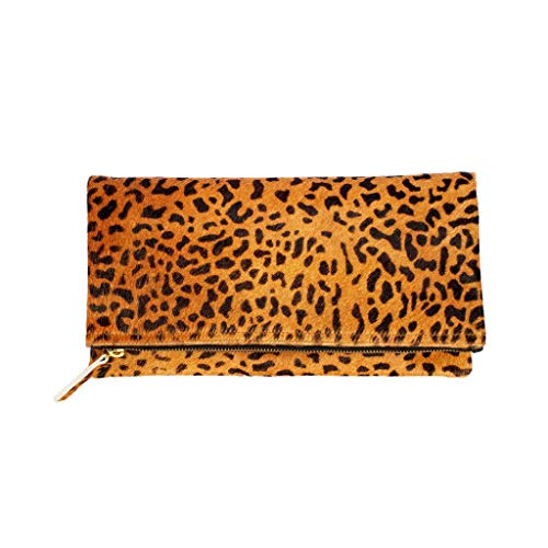 Leopard Print Haircalf Fold over Clutch, Evening Handbag, One Size, Women's Bags and Purses