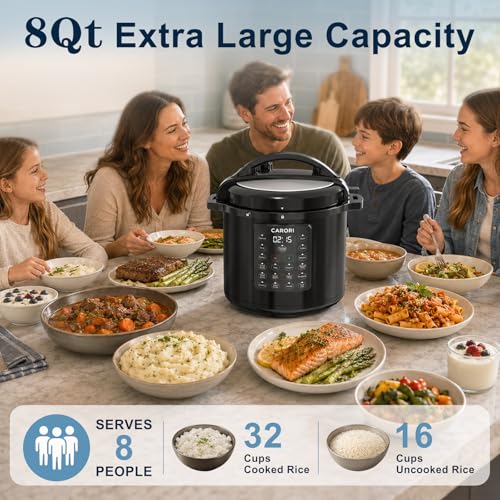 Image of 8Qt Electric Pressure Cooker 12-in-1, 1200W Stainless Steel Multi-Cooker, Slow Cook, Rice Cook, Steamer, Saute, Yogurt Maker, Warmer & Sterilizer, Safer Venting Design with Recipe Book, Black