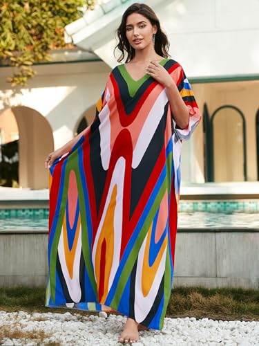 Image of IMAGEKOPE Women's Plus Size Loose Fit Moroccan Print V-Neck Batwing Kaftan Beach Dress Bathing Suit Cover Up