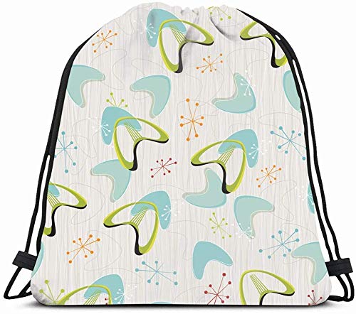 DHNKW Drawstring Backpack String Bag 14X16 Red Modern Century Stripes Retro Bark Boomerangs Pattern 1950S Vintage Yellow Atomic Stars 1970S 1960S 50S Sport Gym Sackpack Hiking Yoga Travel Beach