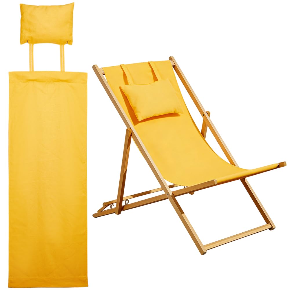 TNKBREEZE Beach Chair Replacement Cloth 146cmx43.2cm Lounge Chair Replacement Canvas Yellow Sling Chairs Replacement Fabric with Pillow for Sunbathing Courtyard Garden Beach