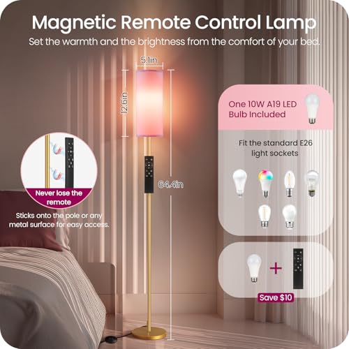 Image of Dimmable Pink Floor Lamp for Living Room with Remote and Foot Switch, Corner Floor Lamp, 64.4'' Standing Tall Lamp, 10W 900LM Bulb Included, 3000K-6500K, Linen Shade, Gold Pink, FCC Listed DP06LD05W1