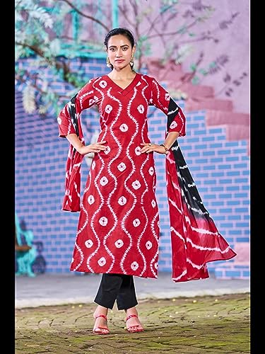 Image of GoSriKi Women's Cotton Blend Straight Printed Kurta with Pant & Dupatta