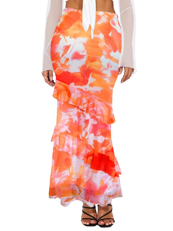WISFRUIT Women's Floral Print Mesh Maxi Skirt Tiered Ruffle High Waisted Flowy Summer Long Skirt