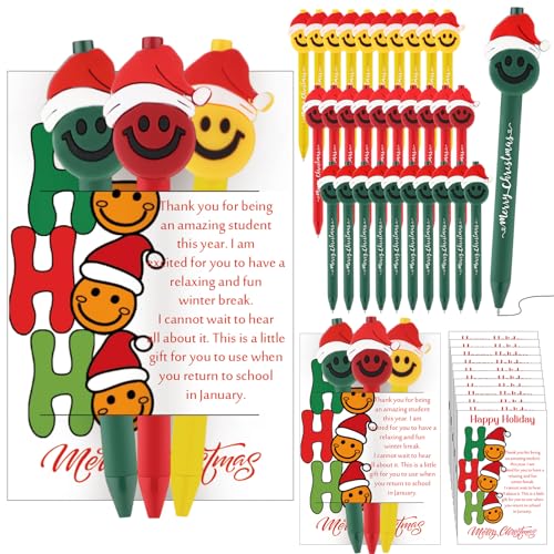 ReliThick 30 Sets Christmas Classroom Gifts for Student Christmas Ballpoint Pen with Wish Cards End of Year Gift for Student from Teacher Smile Face with Cap Pen School Inspirational Party Favor
