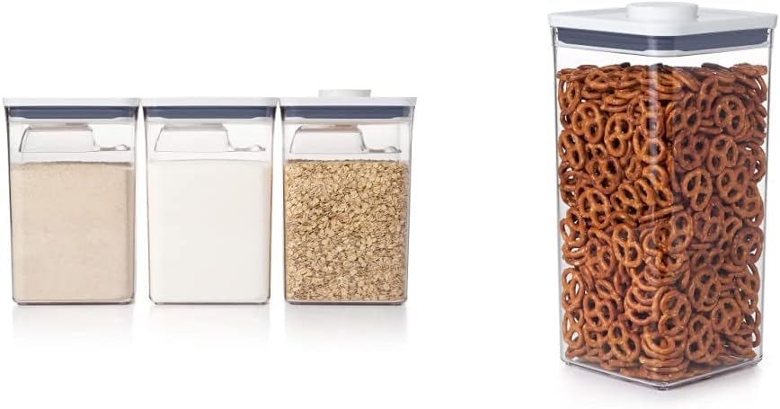 OXO Good Grips Juego de botes grandes de 6 piezas con cucharas, 4.4 qt cada uno, contenedor POP blanco y Good Grips - Almacenamiento hermético de alimentos - 6.0 Qt para alimentos a granel y más, transparente, 6.0 Qt - Cuadrado - Alimentos a granel
