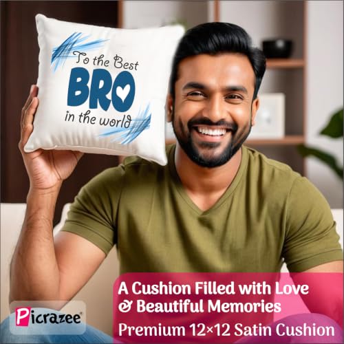 Image of PICRAZEE Rakhi Gift Combo for Brother | 12 inch Cushion, Mug, K-Ring, F-Magnet, Standee & Card