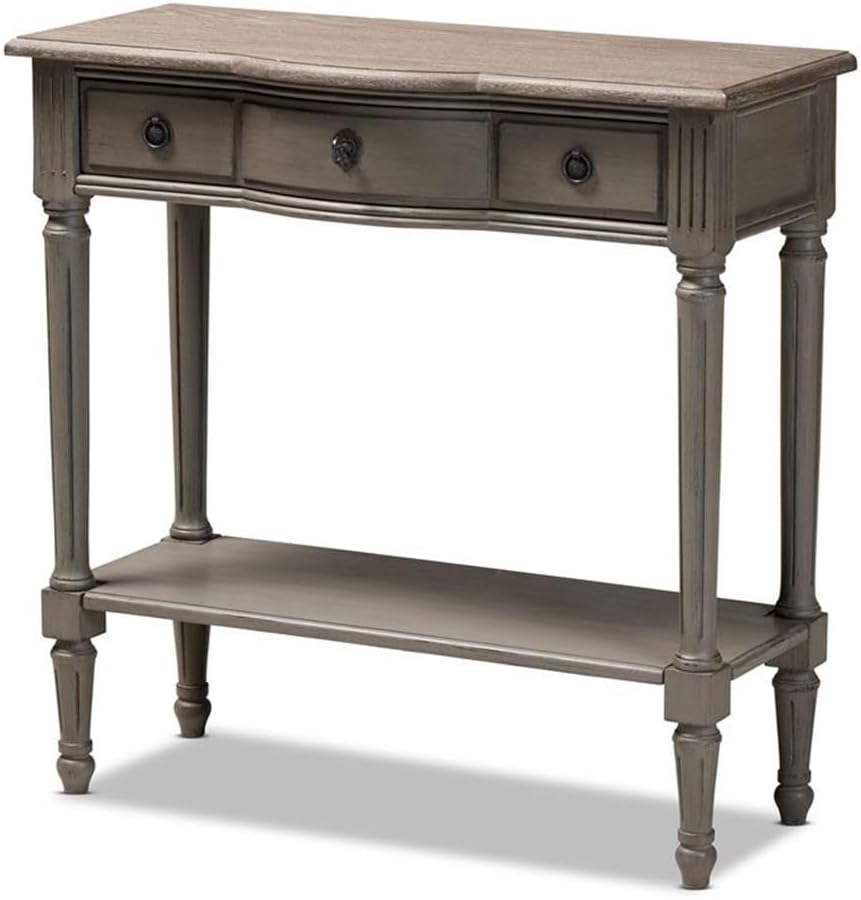 BOWERY HILL Contemporary Console Table, Gray Finish, 3-Drawer Wood Design, MDF and Oak Tabletop with White-Streaked Veneer, Open Shelf, Distressed French Style, Antique Silver Pulls for Living Room