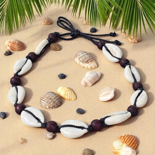 BlueRica Cowrie Shells on Black Cord Choker Necklace with Dark Brown Wood Beads3