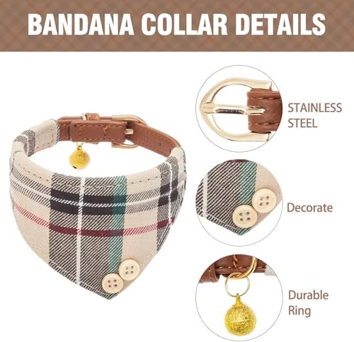 Dog Collar and Leash with Bow Tie for Small Dogs - Puppy Leash Collars Classic Beige Plaid Adjustable Size with Golden Bell, Perfect for Small Breeds and Boys