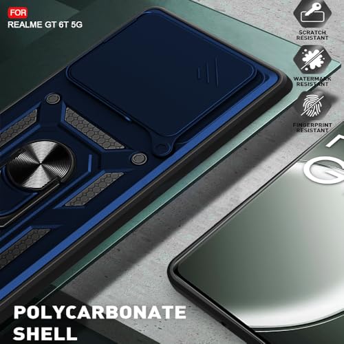 Image of AESTMO Polycarbonate Tough Armor Realme Gt 6T 5G Bumper Back Case Cover|Ring Holder & Sliding Camera Shield Cover|360 Degree Protection Back Case Cover for Realme Gt 6T 5G (Blue)