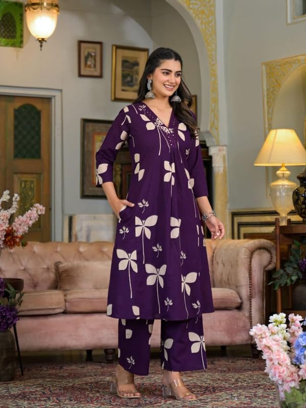 Image of NIVANA Cotton Floral Printed & Neckline Embroidered A-Line Kurta with Palazzo for Women | Fashionable Ethnic Wear Kurta Set
