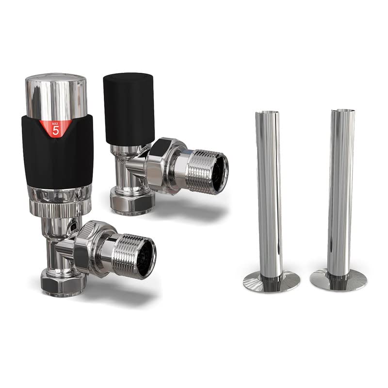 UK Radiators Black Thermostatic Radiator Valves and Angled Lockshield Valve - Matt Black Finish - Classy and Modern Design 1/2" x 15mm Angled Radiator Valves with 130mm Pipe Covers