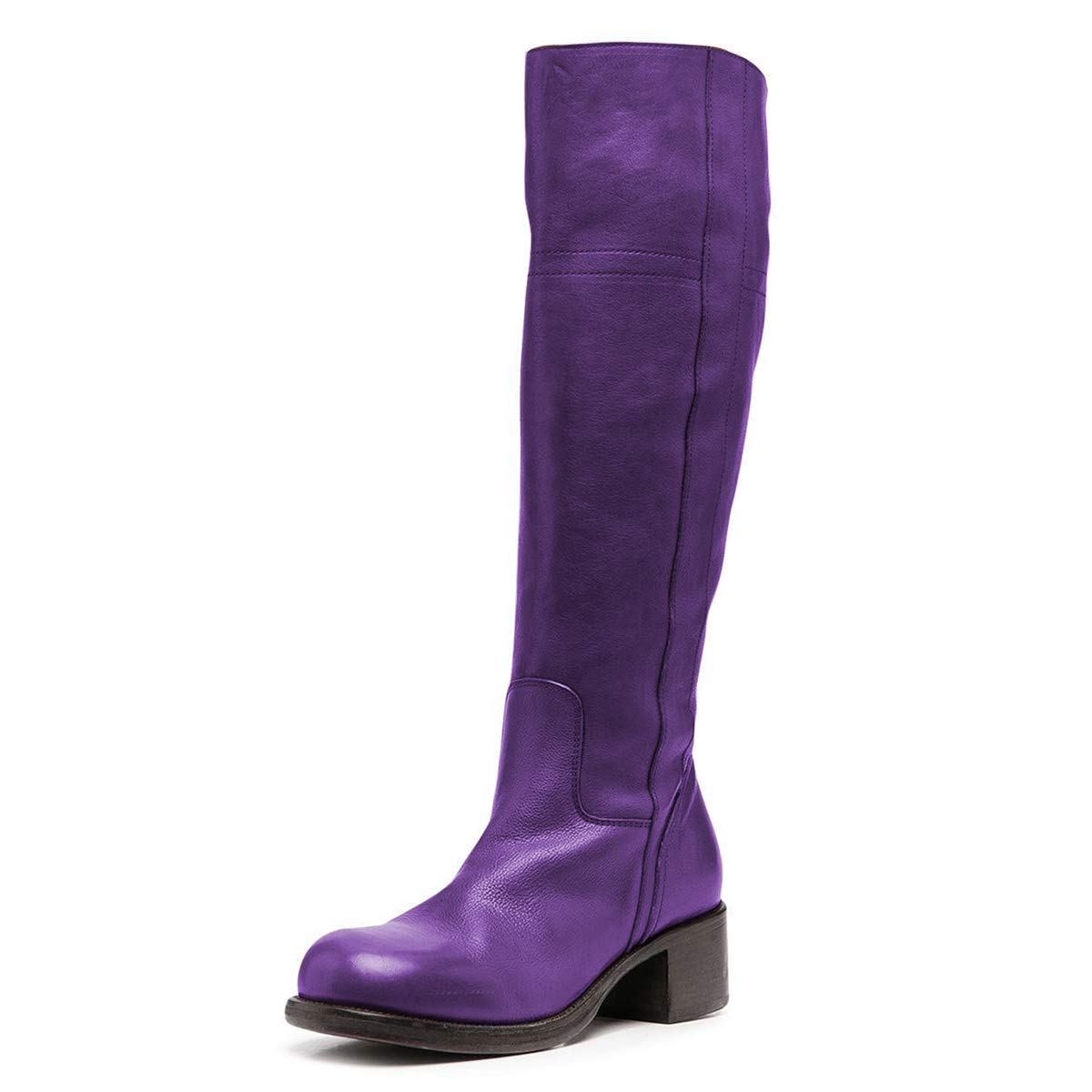 FOWT Women Wide Calf Low Chunky Heel Knee High Boots Zip-up Round Toe Western Riding Boots Pull On