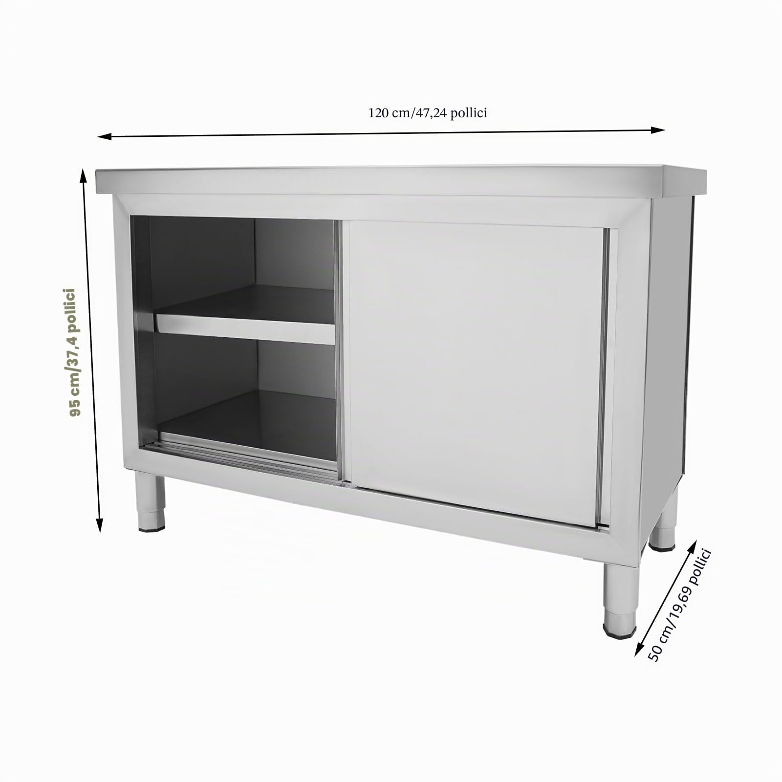 Tavolo da lavoro in acciaio inox, 2 livelli in acciaio inox con ripiano inferiore e ante scorrevoli, tavolo da cucina, piano di lavoro per cucina, hotel, caffetteria (120 x 50 cm)
