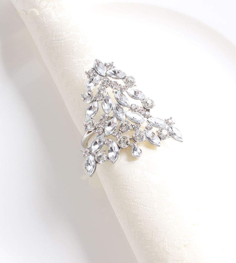Fennco Styles Christmas Tree Rhinestone Metal Napkin Rings, Set of 4 - Silver Napkin Holders for Holiday, Dining Table Decor, Banquet, Family Gathering and Special Event