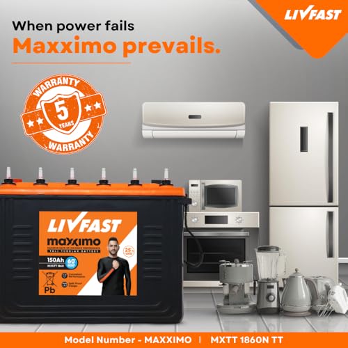 Image of Livfast Maxximo Short Tall Tubular High-Performance Battery MXSTT 1860 | 150 Ah | 60 Months Warranty | Durable Backup Power for Home and Office, Long-Lasting Backup