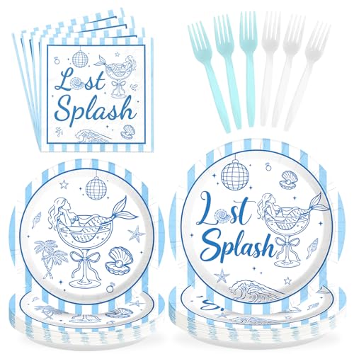 Greencian 96Pcs Last Splash Bachelorette Party Decorations Beach Bachelorette Plates and Napkins Blue Mermaid Tableware Set for Summer Coastal Beach Bridal Shower Wedding Party Supplies Serves 24