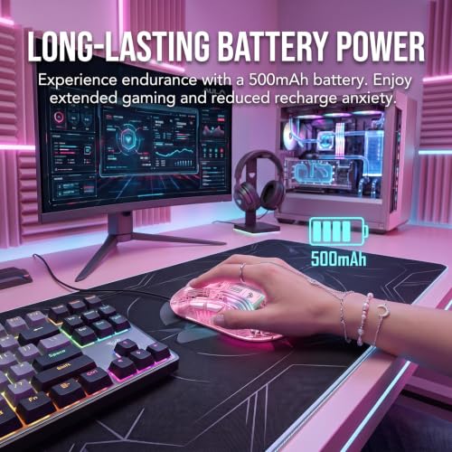 Image of RGB Magnetic Charging Dock Gaming Mouse, 12K DPI, PAW3311 Sensor, Tri-Mode Wireless, 6 Programmable Buttons, Ultra-Light 72g for PC /Mac (Pink- Transparent)