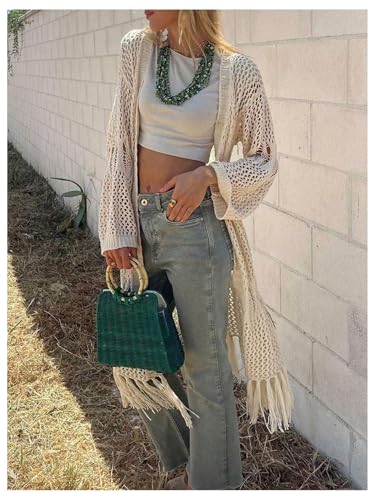 GORGLITTER Women's Long Duster Cardigan Sweaters Oversized Open Front Crochet Fringe Lightweight Knit Cardigan3