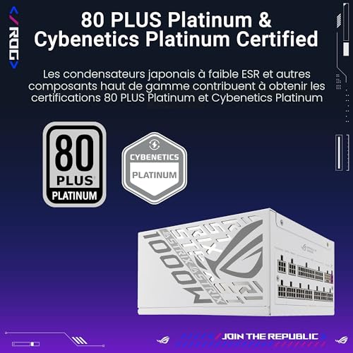 ASUS ROG Strix 1000W Platinum White, Alimentation entièrement modulaire, 80+ Platinum, ATX 3.1, PCIe 5.1, GaN MOSFET, Stabilisateur de Tension Intelligent