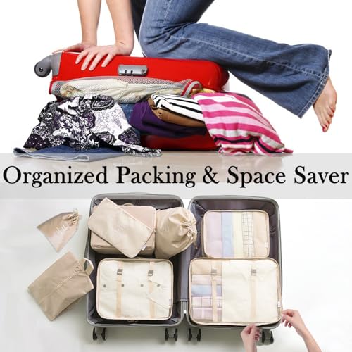 8 Pieces Mesh Packing Cubes for Travel, Luggage Packing Organizers Bags Set, Travel Essentials Suitcases Accessories with Laundry Bag, Storage Shoe Bag, Clothing Underwear Bag (Cream, 8 set)2