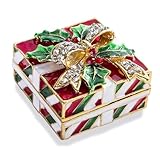 YU FENG 1.8inch Christmas Trinket Box with Bowknot Green Leaves Decoration Rhinestones Jeweled Painted Enameled Hinged Jewelry Ring Holder Boxes Collection Christmas Gift