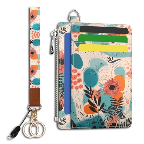 Image of Hancynir Slim Wallet Women Credit Card Holder, Abstract Boho Floral RFID Blocking Front Pocket Wallet Wristlet Keychain Lanyard, Small Cute Thin Travel Zipper Coin PU Leather Card Case Organizer Gifts