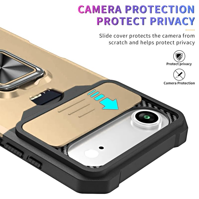 Image of LuxuryKase Shockproof Armor Case for iPhone Air | Slide Camera Cover | Hidden Card Slot | Rotating Ring Kickstand | Magnetic Car Mount Support | Military Grade Protection - Gold