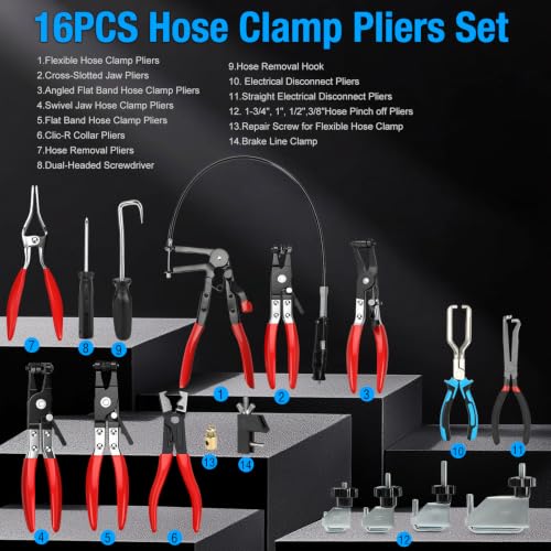 Image of BETOOLL 16PCS Hose Clamp Pliers Set, Automotive Hose Clamp Removal Tool, Long Reach Flexible Wire Tools for Radiator, Heater, Coolant & Water Hoses