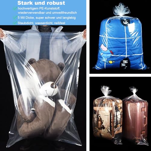 5 Stück extra große durchsichtige Aufbewahrungsbeutel, 100 x 150 cm große Plastiktüten, wiederverwendbare Umzugstaschen, durchsichtige Jumbo-Geschenkbeutel für Bettdecken, Kleidung, Bettwäsche, Koffer