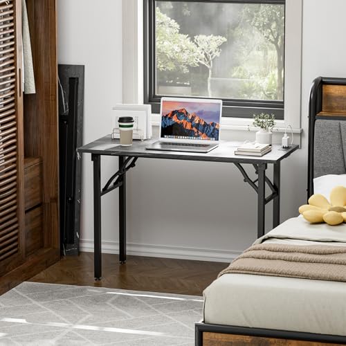 Image of TEMI Small Computer Desk Folding Table - No Assembly, Compact 43.3 inch Foldable Desk with Power Outlets & USB Charging Port, Portable Small Office Desk, Ideal Mini Study Table, Marble Greige