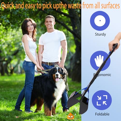 Image of Non-Breakable 24 Inch Portable Dog and Cats Poop Scooper with Foldable Long Handle, 20 Pet Waste Bags & 1 Dispenser, Set for Yard, Grass,Ideal for Large & Small Dogs (Blue)